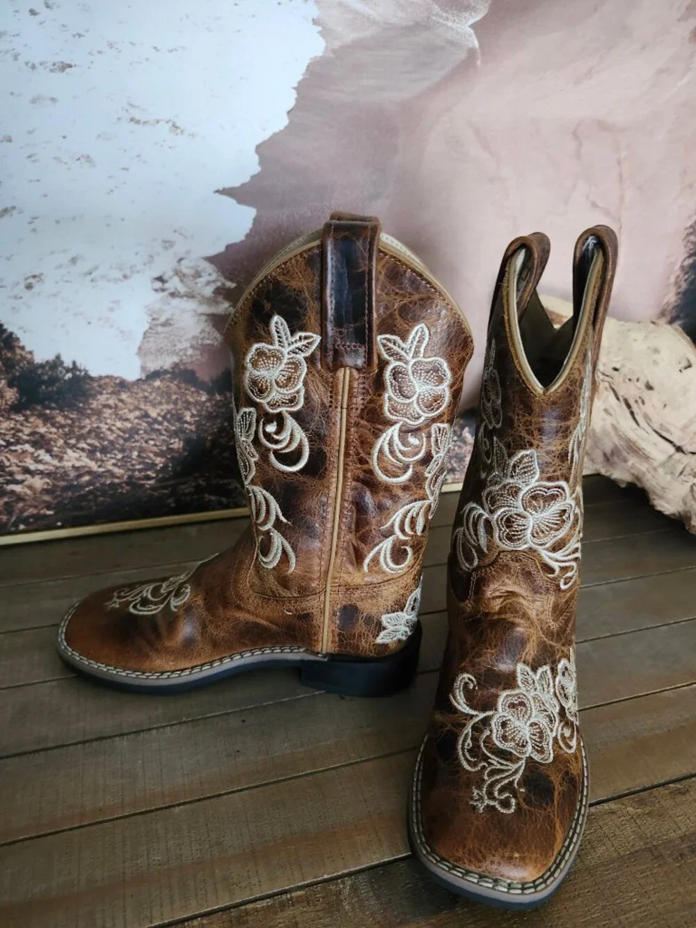 Shyanne Little Lasy Floral Embroidered Western Leather Brown Boots Girl's 13